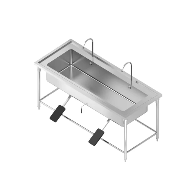 26 SINGLE SINK TABLE WITH DUAL FAUCETS AND FOOT PEDAL ซิงค์ 1 หลุมยาว ก๊อกคู่แบบเท้าเหยียบ