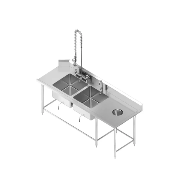 27 DOUBLE SINK TABLE WITH PRE-RINSE FAUCET AND WASTE HOLE ซิงค์ 2 หลุมพร้อมก๊อกผสมและพื้นที่เคลียร์เศษอาหาร